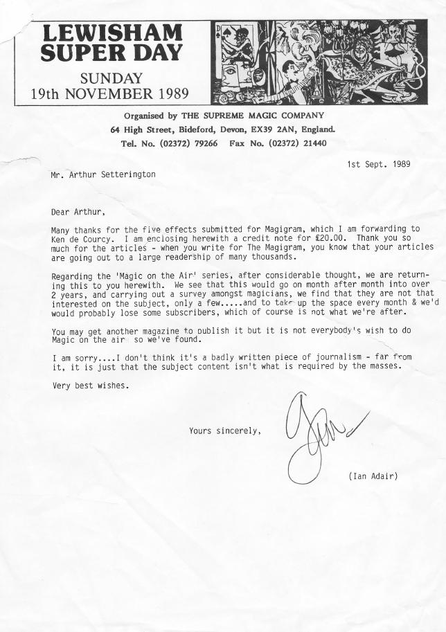 Ian Adair’s typed letter to Arthur Setterington on Supreme Magic Company letterhead, dated 1st September 1989, returning the ‘Magic on the Air’ series.